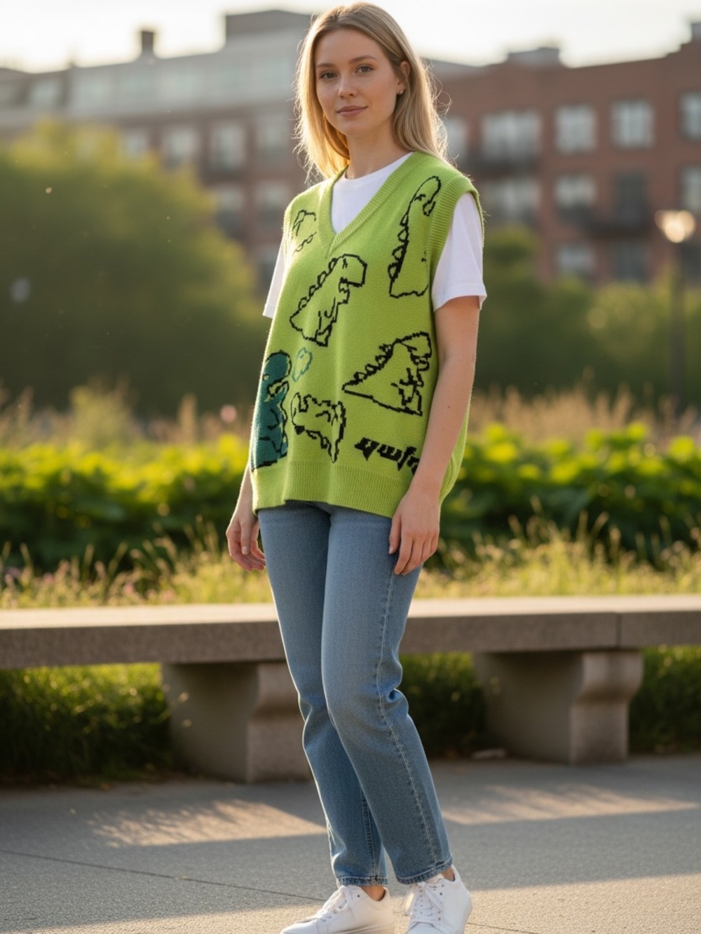 Aelfric Eden Lime Green Dino Sweater Vest Unisex Preppy Retro‎ Streetwear size M